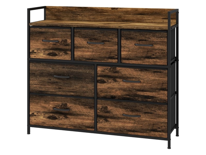  Commode à 7 tiroirs en tissu avec plateau de rangement pour salon 98×29×85 cm marron et acier  - Conforama A