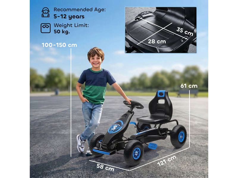  Kart à pédales pour enfant siège réglable 3 positions frein à main enfant de 5 à 12 ans bleu noir  - Conforama E