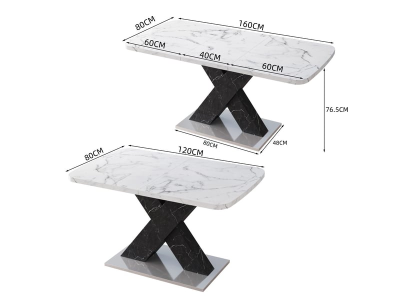  Table de salle à manger extensible avec plateau effet marbre et pied en x, pour salle à manger, 160 × 80 × 76,5 cm  - Conforama D