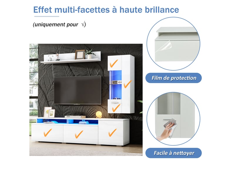  Meuble tv mural 3 pièces avec 4 portes, led et rangement pour salon en mdf 180×40×45 cm blanc  - Conforama D