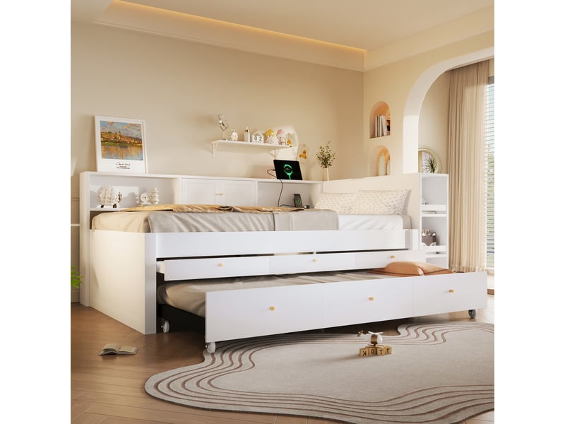 Lit gigogne en bois avec rangement, 3 tiroirs et prise usb, blanc – 140 x 200 cm IKSETERA TRADING LTD - Conforama D