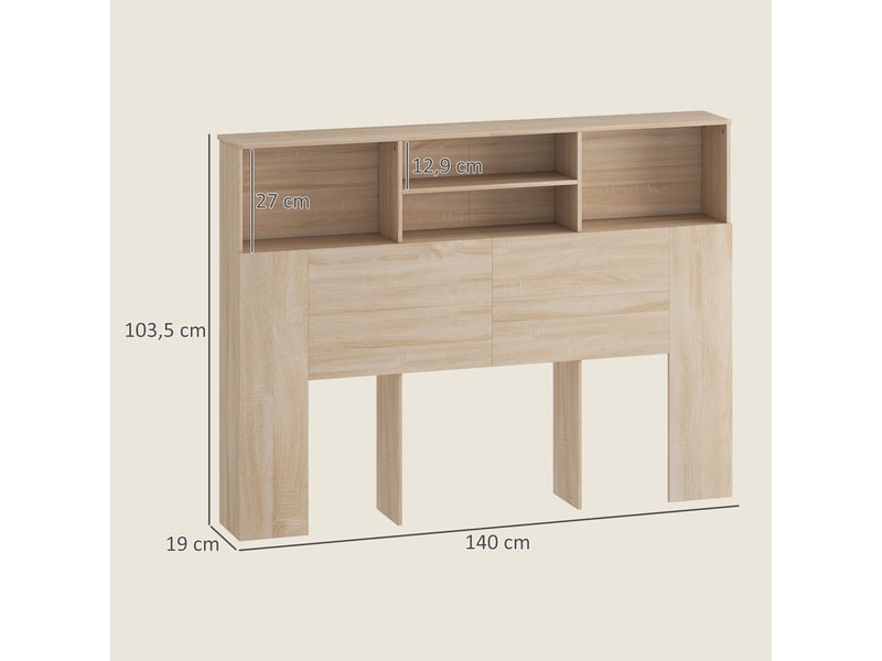  Tête de lit sur pied avec rangements, accessoire de lit 4 compartiments ouverts, 140 x 19 x 103,5 cm, effet bois naturel  - Conforama C