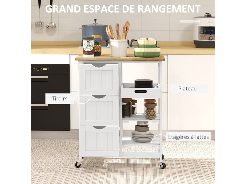  Chariot desserte de cuisine à roulettes plan de travail en bois 3 tiroirs + 1 plateau amovible blanc 67 x 37 x 85,5 cm  - Conforama A
