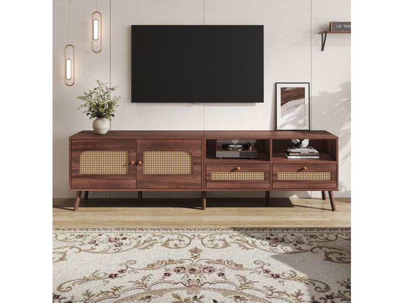  Meuble tv 200x37x49,5cm avec 2 tiroirs et 2 portes, rotin pe, poignées rondes en bois, panneaux de particules, marron  - Conforama B