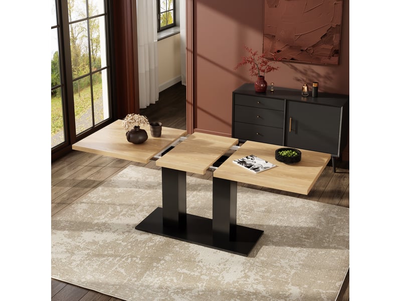 Table de salle à manger extensible 4 à 8 personnes, plateau épais, double piètement, mdf naturel, 140-180 × 70 × 75 cm - Conforama C