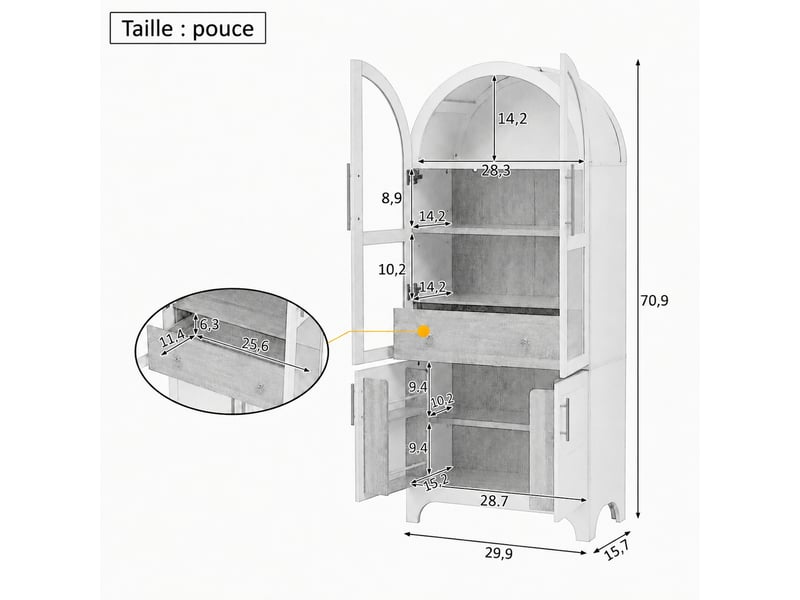  Meuble de cuisine muvano, buffet haut blanc en verre strié, 76 × 40 × 180 cm  - Conforama W