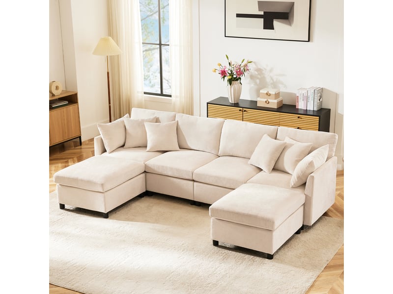 Canapé modulable 4 à 6 places 278x161x81 cm, configurable en u ou l, avec 2 poufs mobiles, 6 coussins, assise profonde, tissu chenille,beige - Conforama B