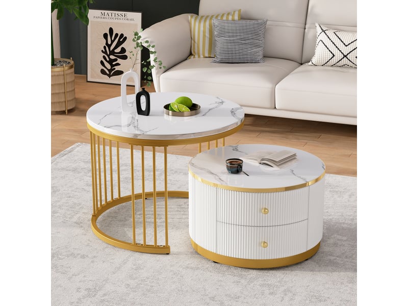  Table basse gigogne blanche lot de 2 tables basses rondes effet marbre brillant avec 2 tiroirs de rangement  - Conforama R