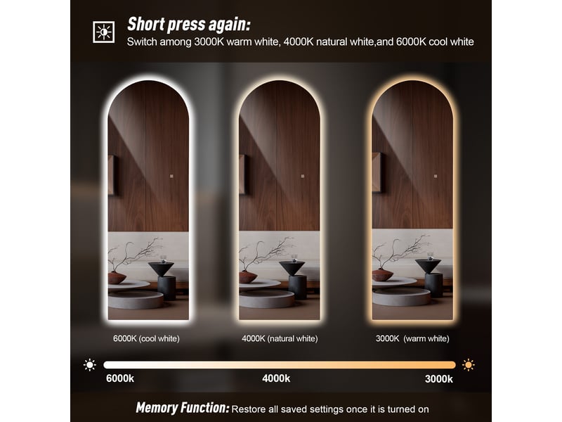  Miroir led pleine longueur 165 × 50 cm avec forme arche, éclairage réglable, 3 températures de couleur et fonction mémoire - argent  - Conforama D