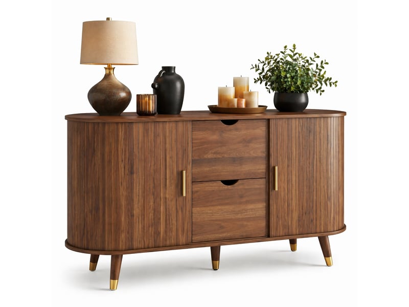  Buffet bas en mdf couleur noyer, 2 portes coulissantes, 2 tiroirs et étagères réglables – 140 x 40 x 79,5 cm  - Conforama A