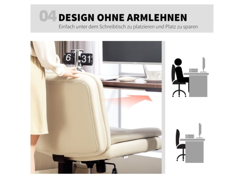  Chaise de bureau sans accoudoirs en similicuir beige, à roulettes, coussin, réglable en hauteur  - Conforama D