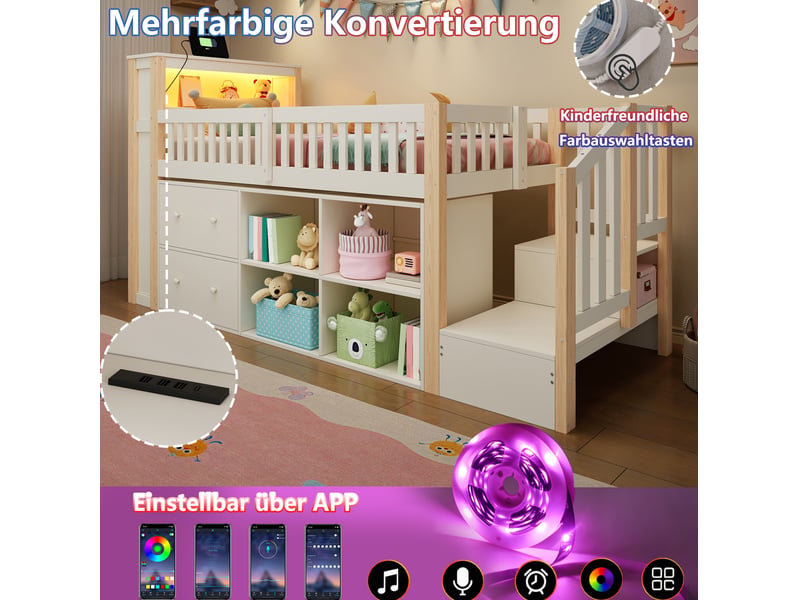  Lit mezzanine  90x200 cm avec rangements et led coloris naturel et blanc  - Conforama E