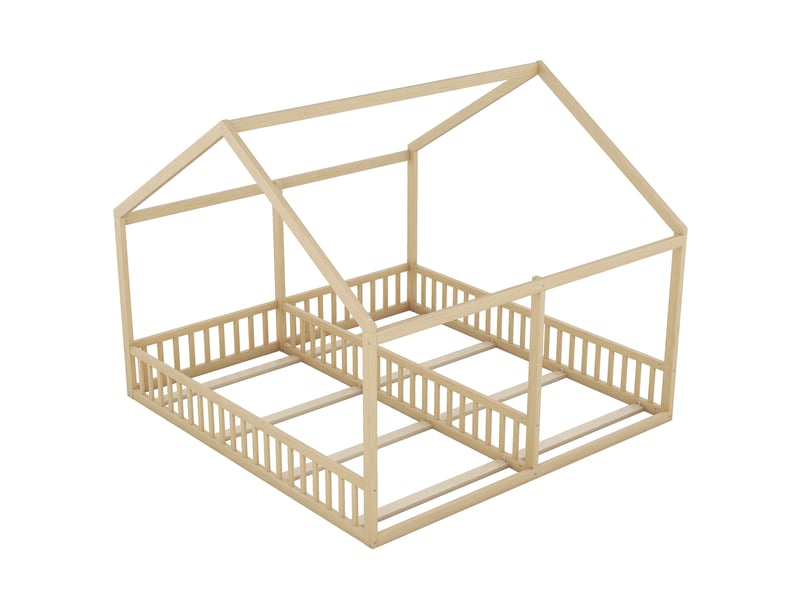  Lit cabane enfant 2-en-1, 90 × 200 cm, naturel, pin et mdf, 2 couchages, structure cabane, toit et fenêtre, sans matelas  - Conforama A