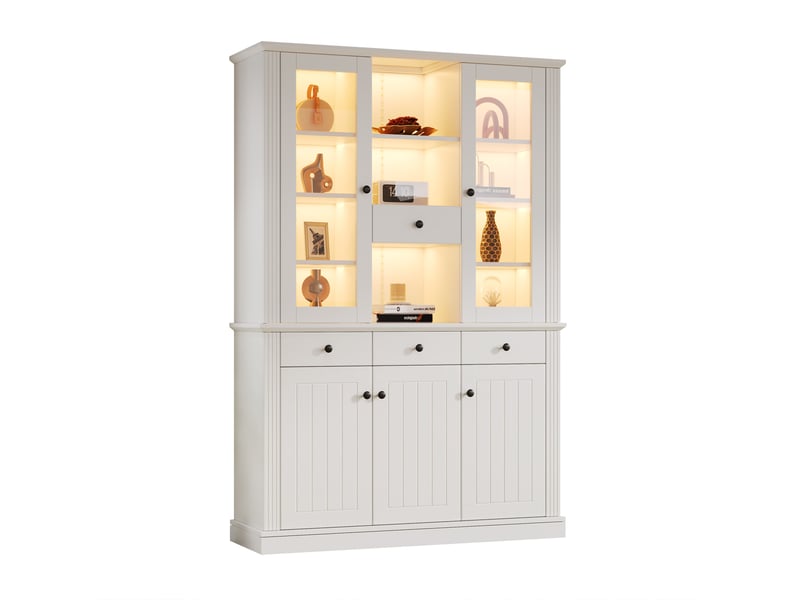  Vitrine blanche 119,5 x 40 x 180 cm avec led, 5 portes, 4 tiroirs, 21 espaces de rangement, mdf et verre trempé  - Conforama A