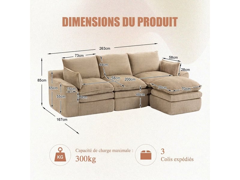  Canapé 3 places velours côtelé modulable avec pouf - kaki - mousse 3 couches et ressorts  - Conforama C
