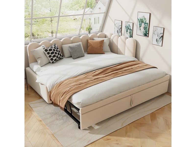  Lit gigogne banquette 200×90 cm, extensible en 200×180 cm, avec dossier en l, revêtement en velours beige  - Conforama B