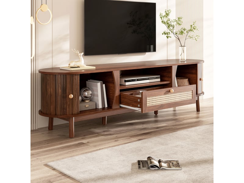  Meuble tv avec porte coulissante et tiroirs en rotin pour salon 165×37×46 cm en mdf noyer  - Conforama C
