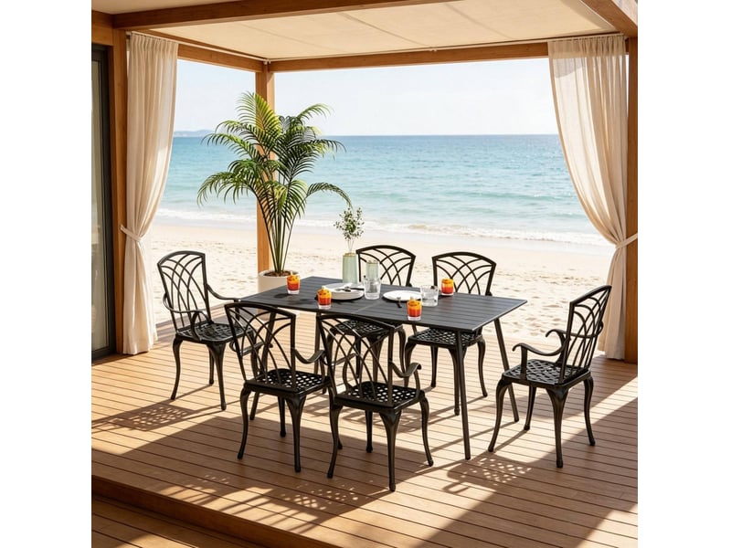  Table de jardin extérieure 150 x 80 cm en acier gris pour 6 personnes  - Conforama E