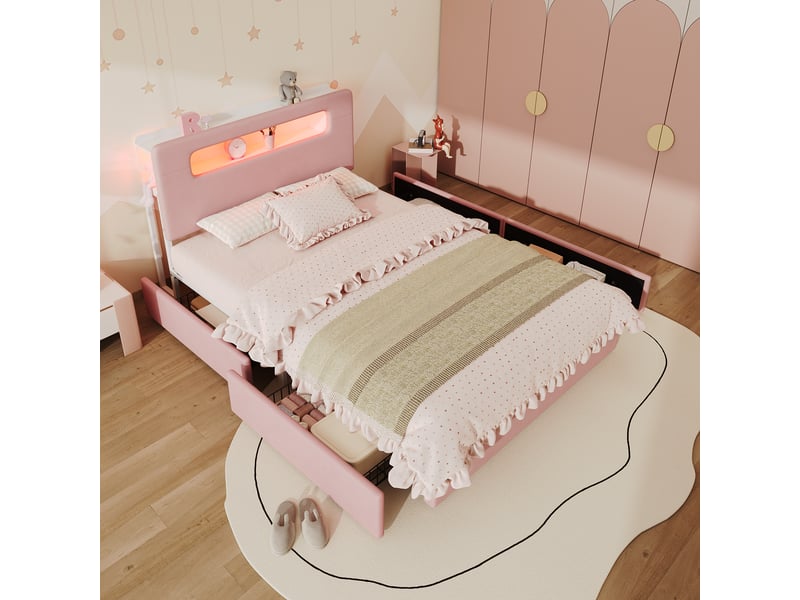  Lit rembourré 140 × 200 cm 2 places avec 4 tiroirs, rangement ouvert, led réglable par application, sans matelas, rose  - Conforama C
