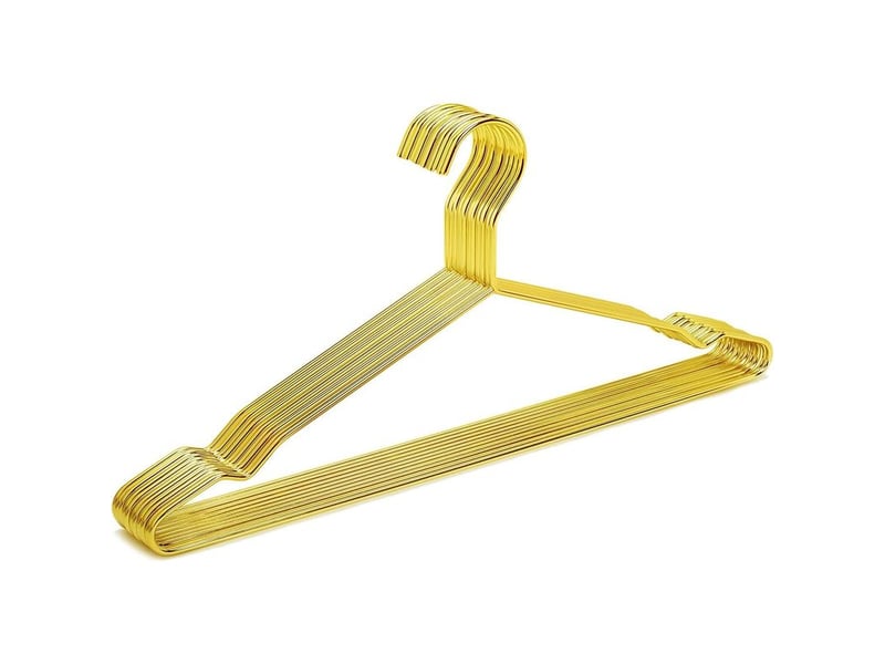Lot de 10 cintres en métal doré brillant de 43 cm, gain de place, avec encoches. Cintres robustes en fil de fer métallique, parfaits pour chemisiers, robes, chemises, manteaux et pantalons. - Conforama A