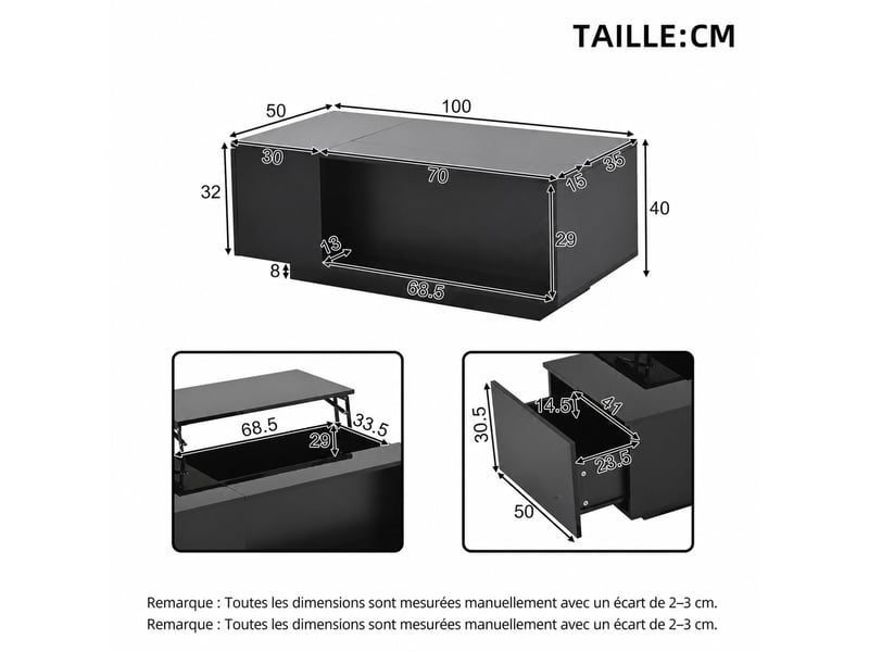  Table basse relevable noire avec led, rangement et tiroir – 100 x 50 x 40 cm  - Conforama D