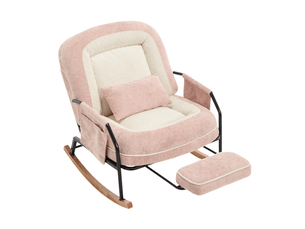 Fauteuil à bascule rose en tissu, dossier réglable de 100 à 160° avec repose-pieds et poches latérales