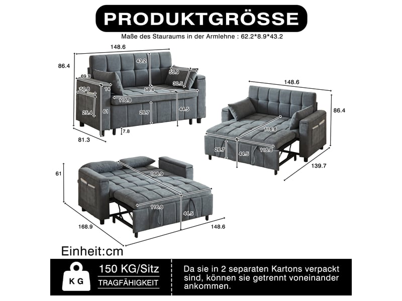 Canapé convertible, canapé-lit, 2 places, en chenille, gris, rangements dans les accoudoirs, structure métallique, poches latérales - Conforama E