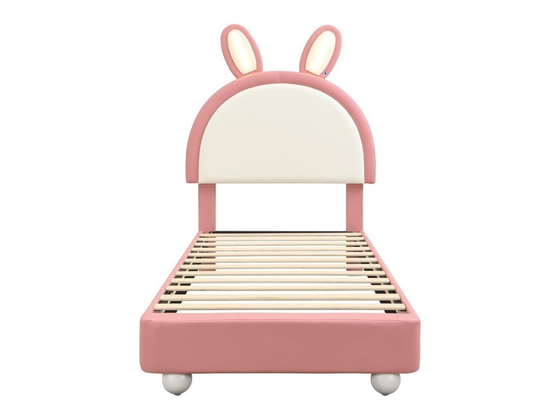  Lit capitonné enfant 90x200 cm en pu, avec tête de lit lapin, led et bordure anti-choc rembourrée, sans matelas, rose et blanc  - Conforama R