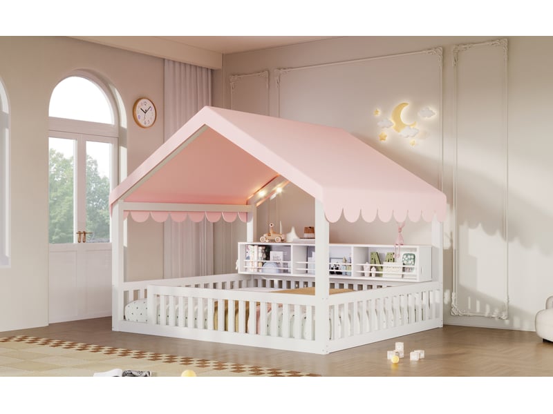  Lit cabane 140 × 200 cm, toit en tissu, guirlande led, bibliothèque et garde-corps, en pin et panneaux mdf, blanc  - Conforama B