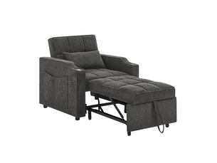 Fauteuil convertible 1 place gris foncé en tissu, couchage 190 cm, usb-c et dossier réglable 3 positions