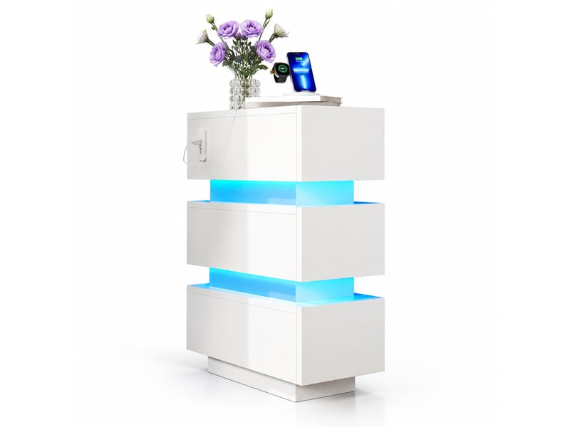  Lot de 2 tables de chevet,20x40x59,5 cm,3 tiroirs led et usb-c,blanches  - Conforama A