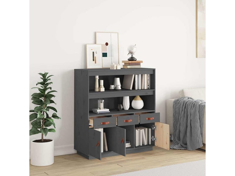  Buffet haut - bahut - meuble de rangement gris 100x40x108,5 cm bois massif de pin  - Conforama C