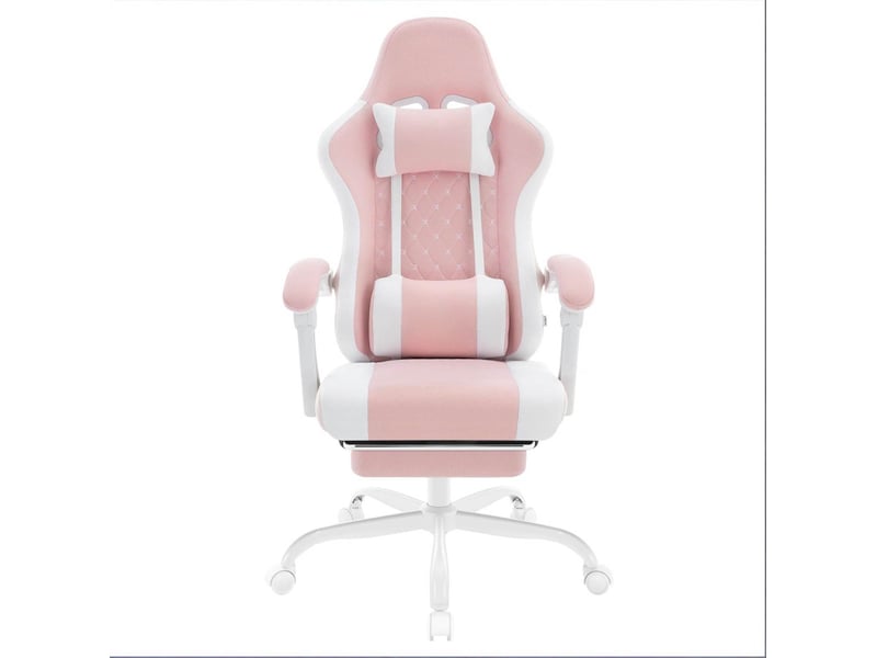Chaise de bureau pivotante avec massage lombaire, dossier inclinable et accoudoirs mobiles en tissu mesh rose et blanc - Conforama A