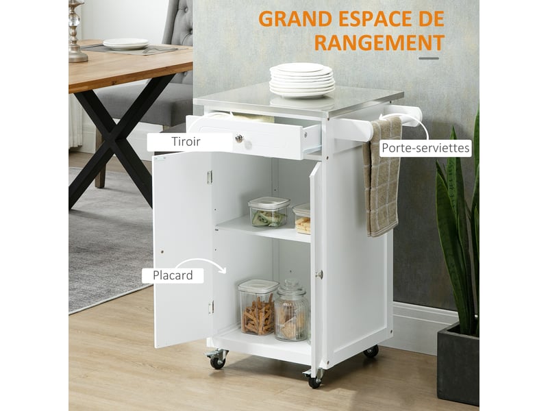  Desserte de cuisine à roulettes 1 tiroir 2 portes inox blanc et gris 60 x 45 x 85 cm  - Conforama D