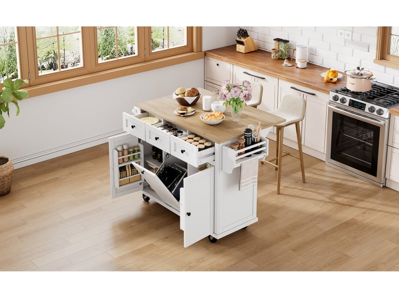 Îlot de cuisine mobile extensible 112x46,2-76,2x92,7cm compartiment poubelle roulettes tiroirs portes mdf, blanc+nature - Conforama B