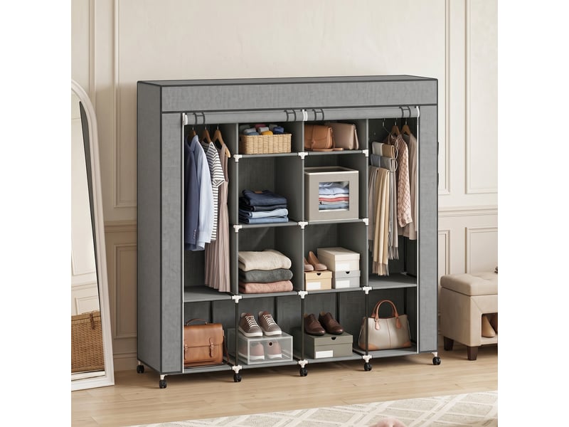  Armoire portable en tissu à roulettes, 10 compartiments, 2 tringles, structure en acier gris foncé  - Conforama D
