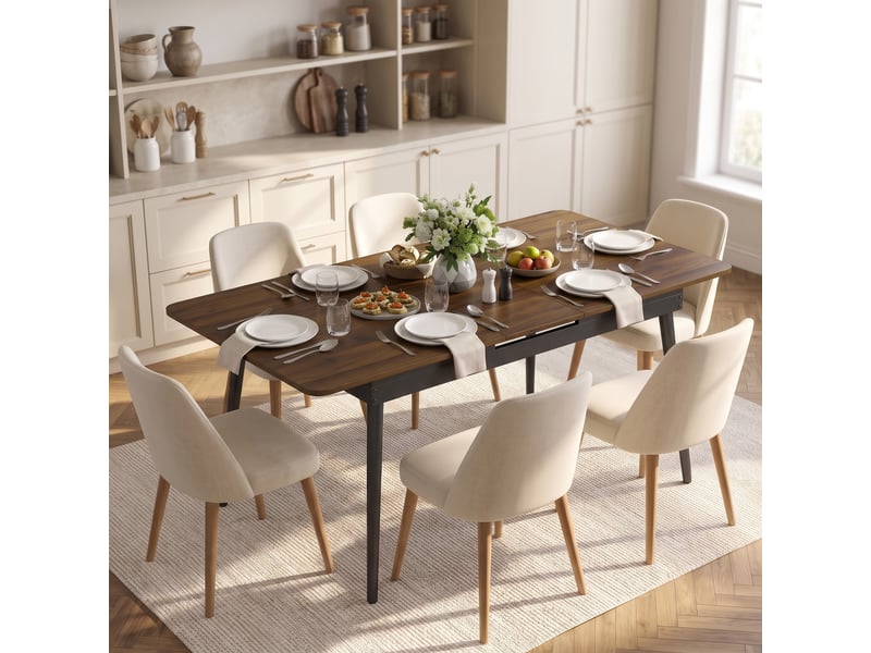 Table de salle à manger extensible 130-160 cm, table de cuisine aux angles arrondis, noyer clair - Conforama D