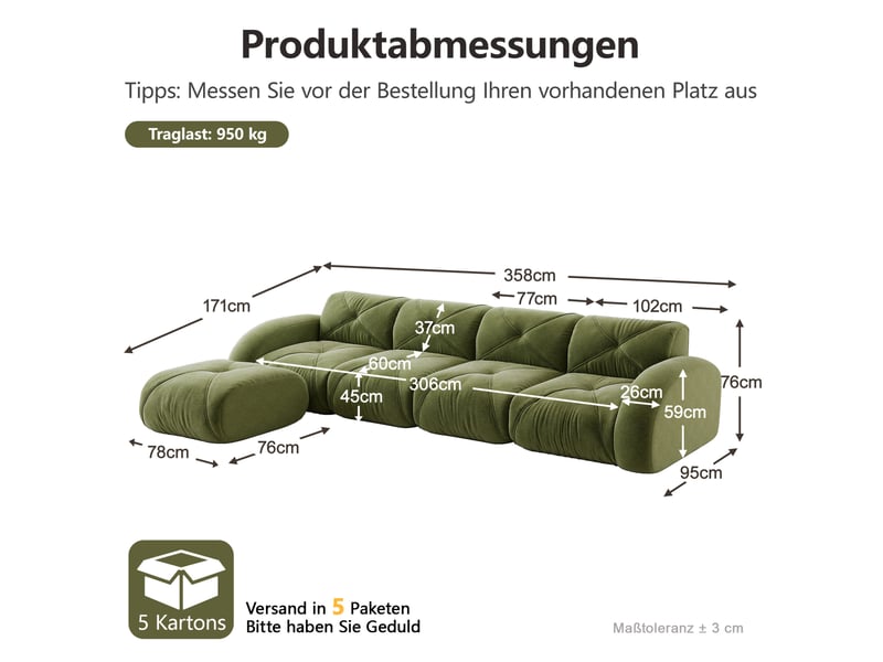  Canapé d'angle modulable fixe 4 places en tissu vert avec pouf, confort souple pour votre salon au quotidien  - Conforama C
