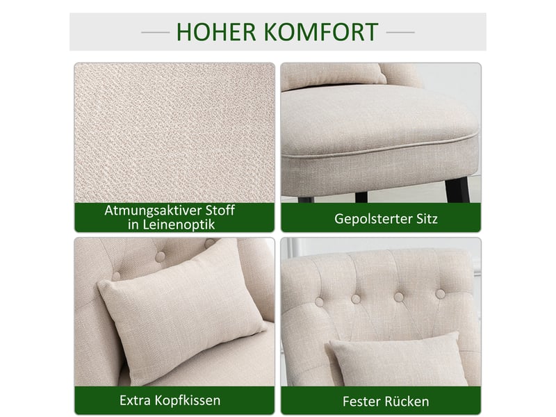  Fauteuil rembourré en tissu aspect lin avec coussin blanc crème 52,5 x 69 x 77 cm  - Conforama D