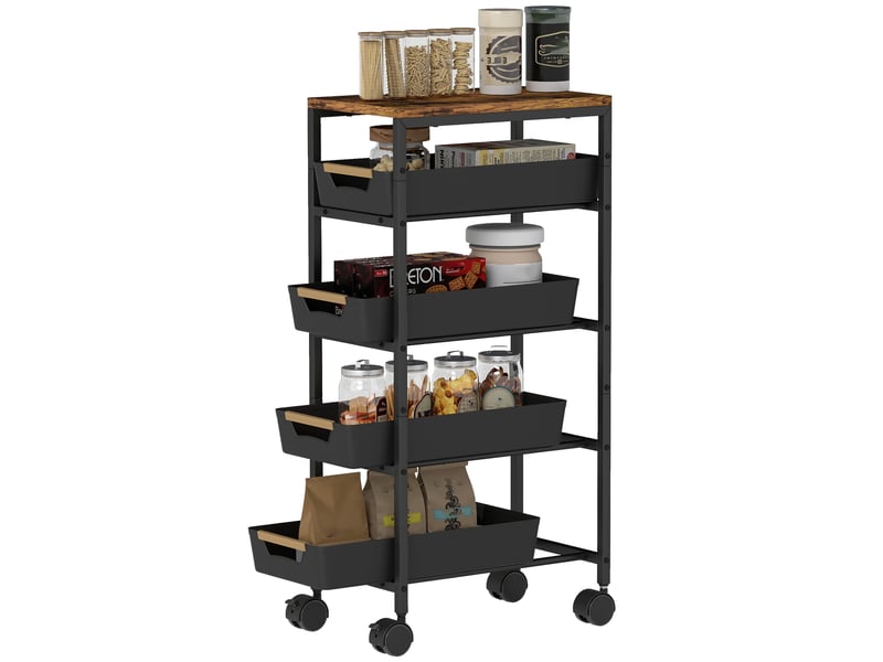  Desserte de cuisine 5 niveaux 4 tiroirs sur roulettes métal noir 39,5x24x82 cm  - Conforama A