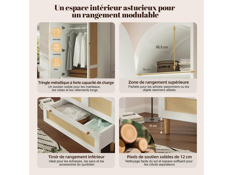  Armoire 1 penderie et 1 tiroir en mdf et rotin blanc 80 x 50 x 180 cm  - Conforama E