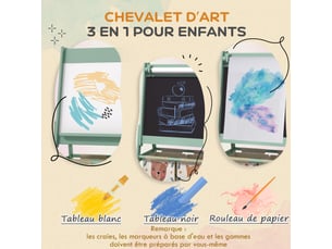 Tableau chevalet enfant ardoise double face tableau à craie rouleau papier 2 paniers vert 54 x 46,5 x 93 cm
