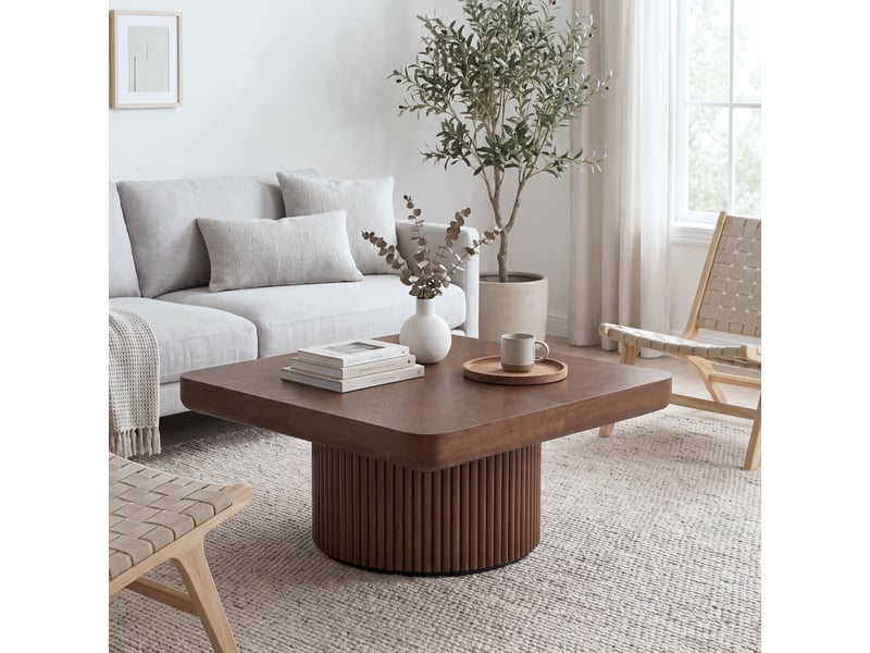 Table basse carrée à plateau façon parquet et pied central teinte noyer 78 × 78 × 38 cm IKSETERA TRADING LTD - Conforama D