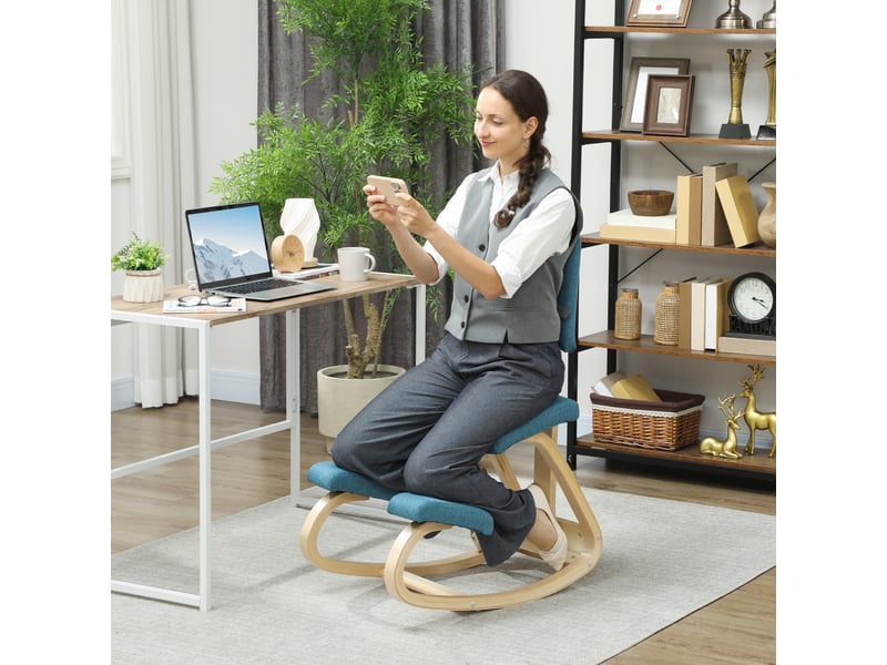  Chaise ergonomique à genoux basculante avec dossier, tissu bleu et bois clair 51x84x93 cm  - Conforama C