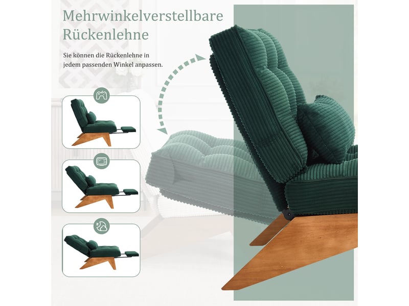  Fauteuil lounge réglable 127 x 73 x 90 cm en tissu vert avec repose-pieds, coussin lombaire et pieds en bois, design moderne  - Conforama E