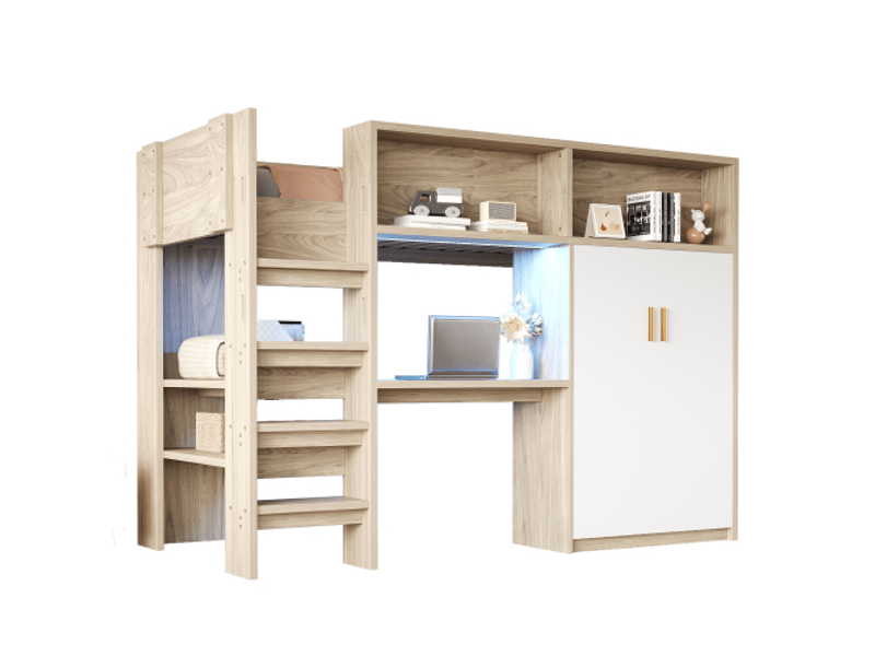 Lit mezzanine multifonction 90x200 cm avec bureau, armoire, étagères, rangements, led et sommier inclus – couleur bois  - Conforama D