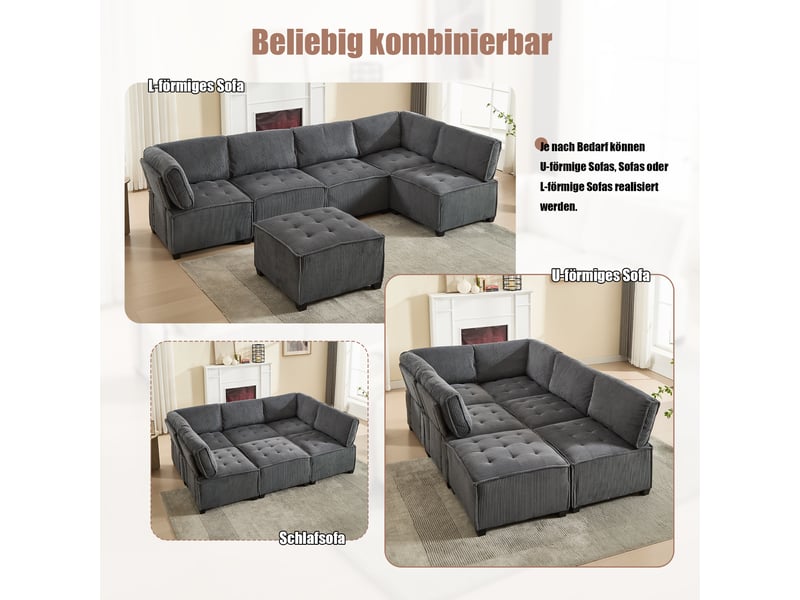  Canapé modulable 6 places 308 cm en velours côtelé avec poches latérales, configuration ul ou couchage, structure bois et métal, gris  - Conforama E