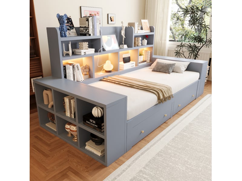  Lit enfant 90x200 cm extensible 180 cm, lit multifonctionnel avec rangement et led, bois gris, sans matelas  - Conforama W