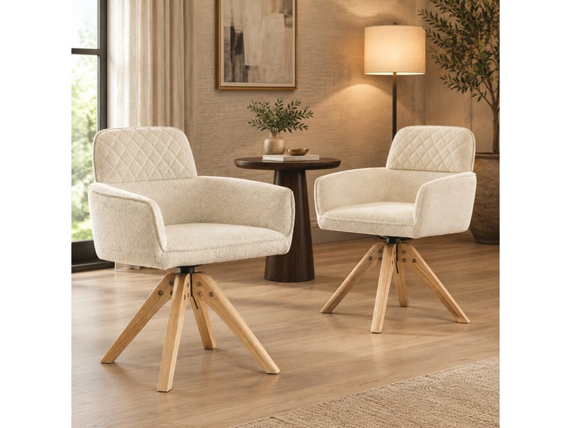  Chaise de salle à manger lot de 2 pivotante à 360°  - accoudoirs, pieds bois, tissu - crème  - Conforama C