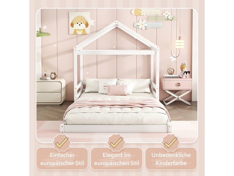  Lit cabane enfant 200×140 cm avec sommier à 7 lattes, sans matelas, en pin et mdf, blanc et gris  - Conforama E